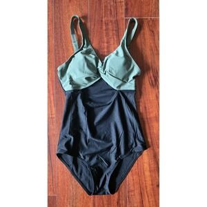 Girls One Piece Swimsuit Sage Green Black Colorblock Cutout Size 14Y 13-14 Years